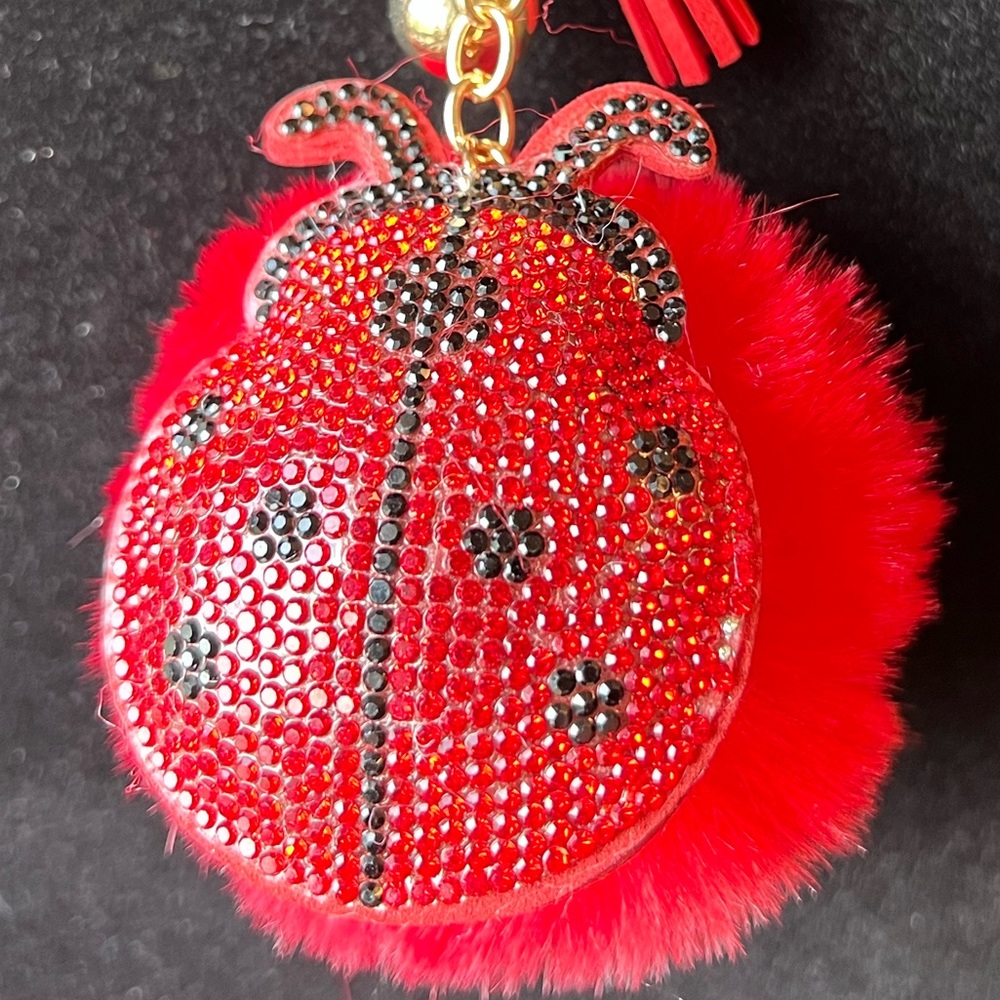 Rhinestone Ladybug with Red Pom Pom & Tassel/Gold Ball - Purse Charm / Key Charm - Picture 7 of 8